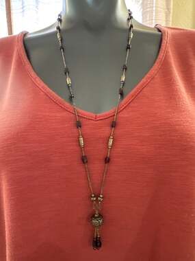 32” Necklace Purple & Silver Tone Engraved Beads Silver Tone Chain Tassel Bottom